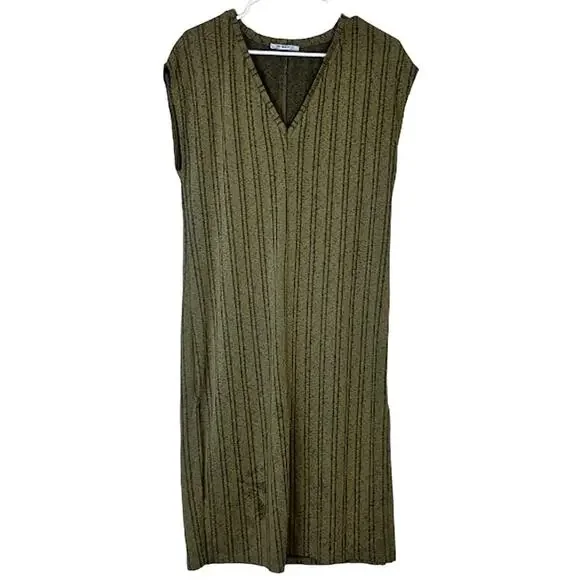 Zara Trafaluc Women's Green Brown Loose Fit Striped Shift Dress Size S - Picture 1 of 6